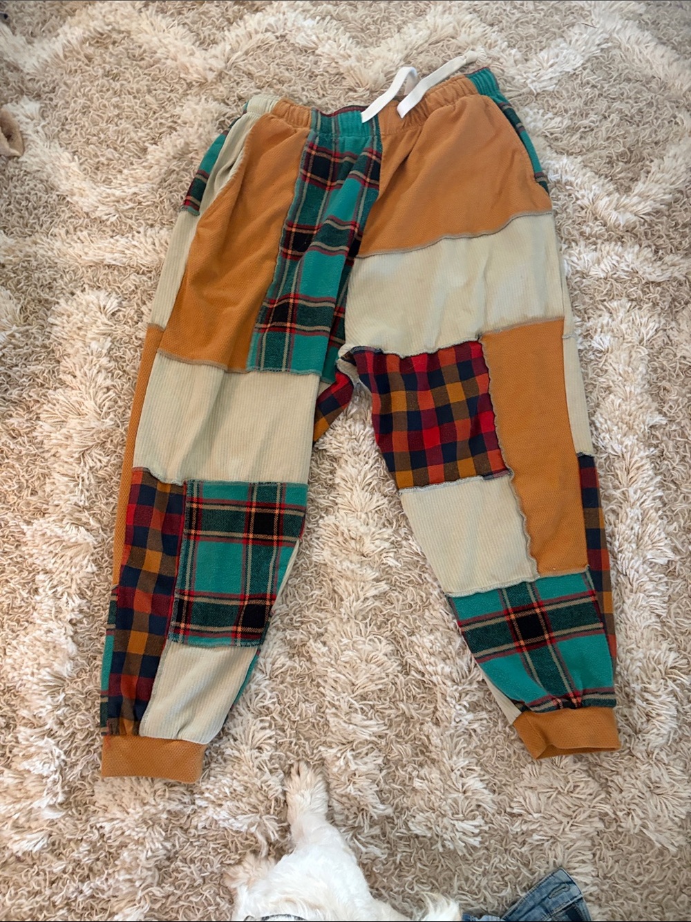 Patchwork Jogger Pants in Teal, Mustard & Cream